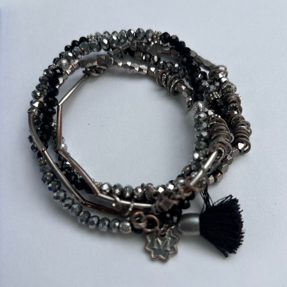 Lia Sophie Black and Silver Multi-Strand Beaded Bracelet With Tassle